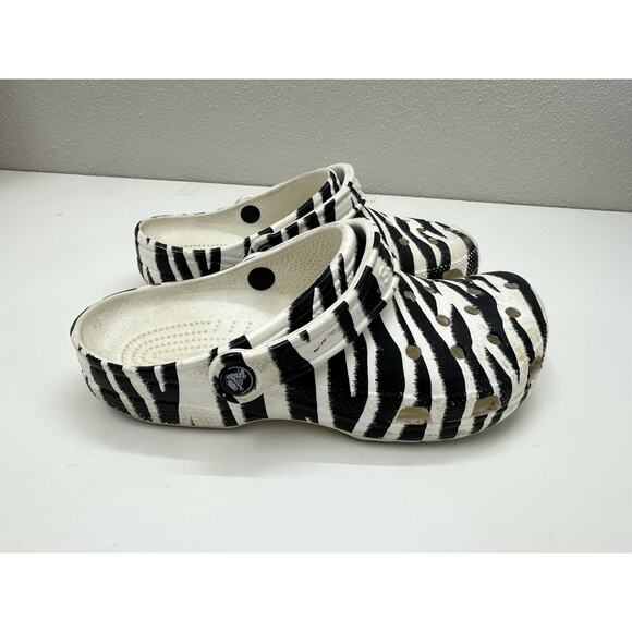 Crocs Adult Clog Slides Animal Print Zebra Black White Size Women 8 Men 6 - Picture 1 of 12